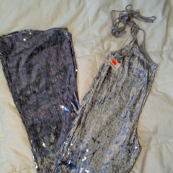 Sequin Wide Leg Flowy Tie Strap Trousers Party Pants 30” waist Women Medium Tall - Picture 3 of 4